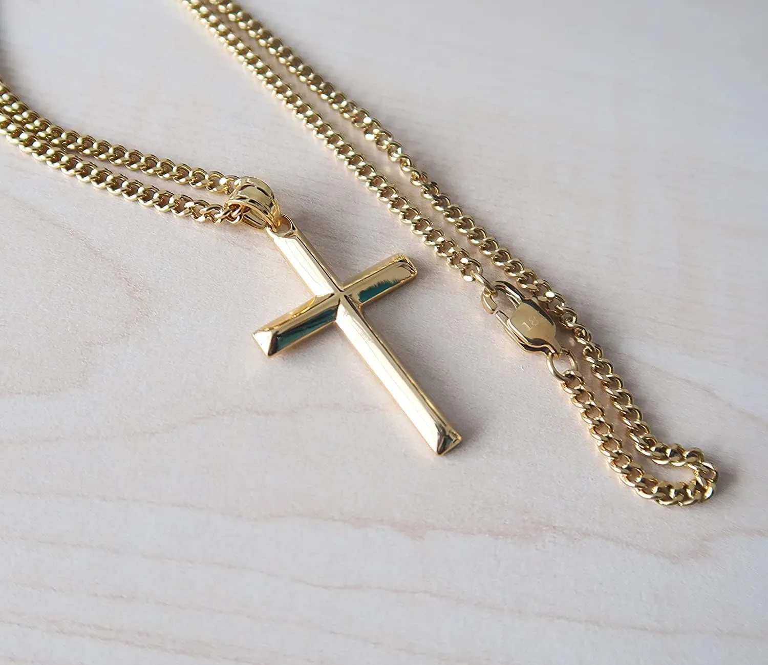 24K Gold Chain SMALL Bevel Cross Pendant Necklace 3MM Cuban Necklace Clasp for Women, Men WIFE, HUSBAND Thin for Charms Miami Cuban Link Diamond Cut Religious Beveled Edge