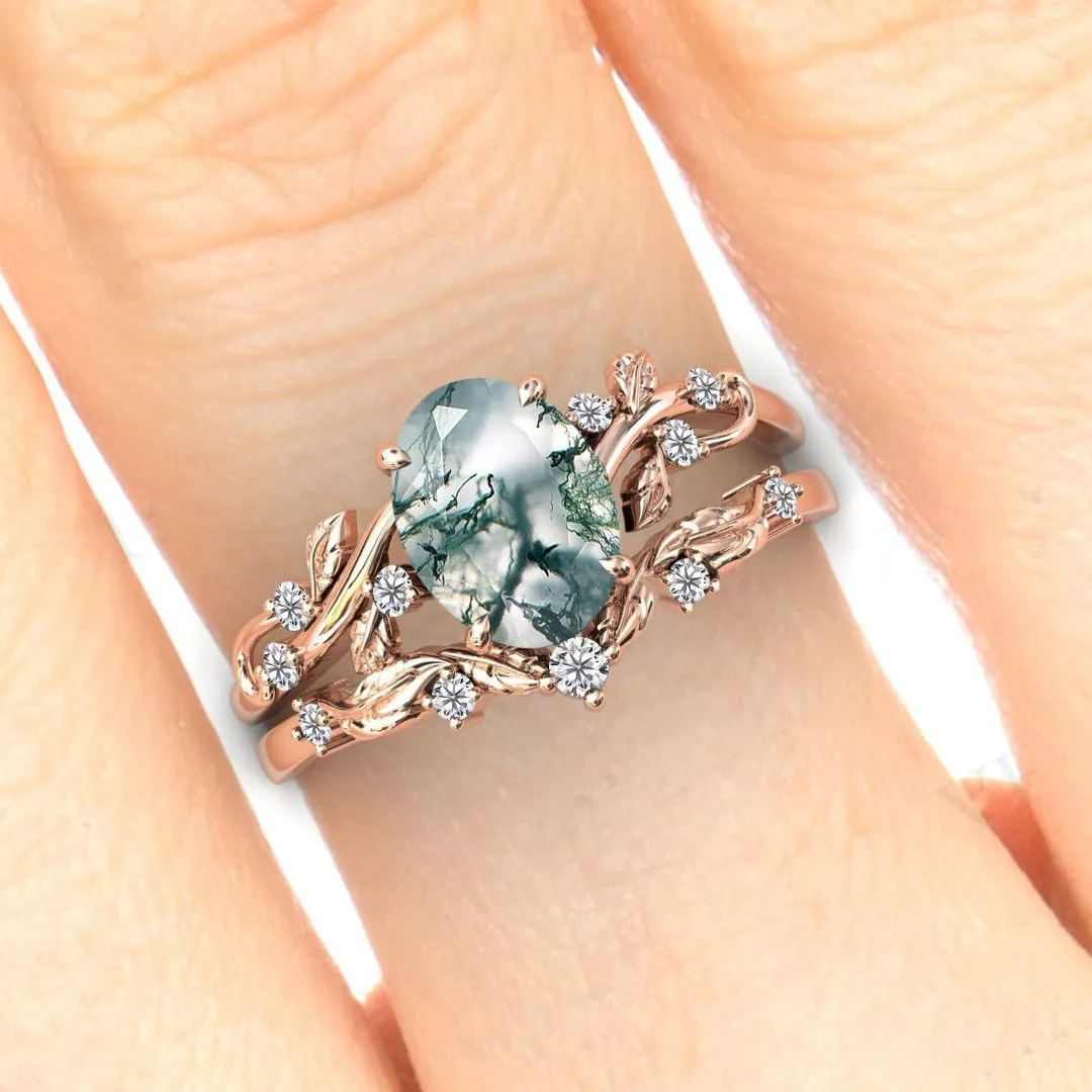2CT Birthstone Ring Set 925 Sterling Silver Birthstones Engagement Ring for Women Leaf Design Moissanite/Moonstone/Opal Gemstone Ring Set Birthday Mother's Day Jewelry for Mom Girlfriend Wife