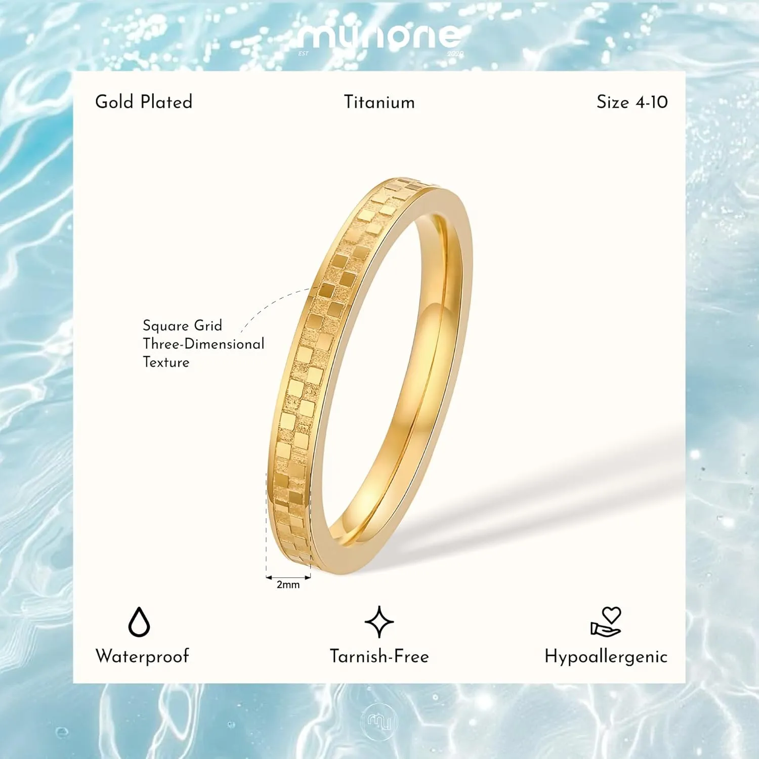 2mm Checkered Ring 14K Gold Plated Titanium Stackable Checkerboard Rings for Women Men, Love Is A Worthy Match Statement Band