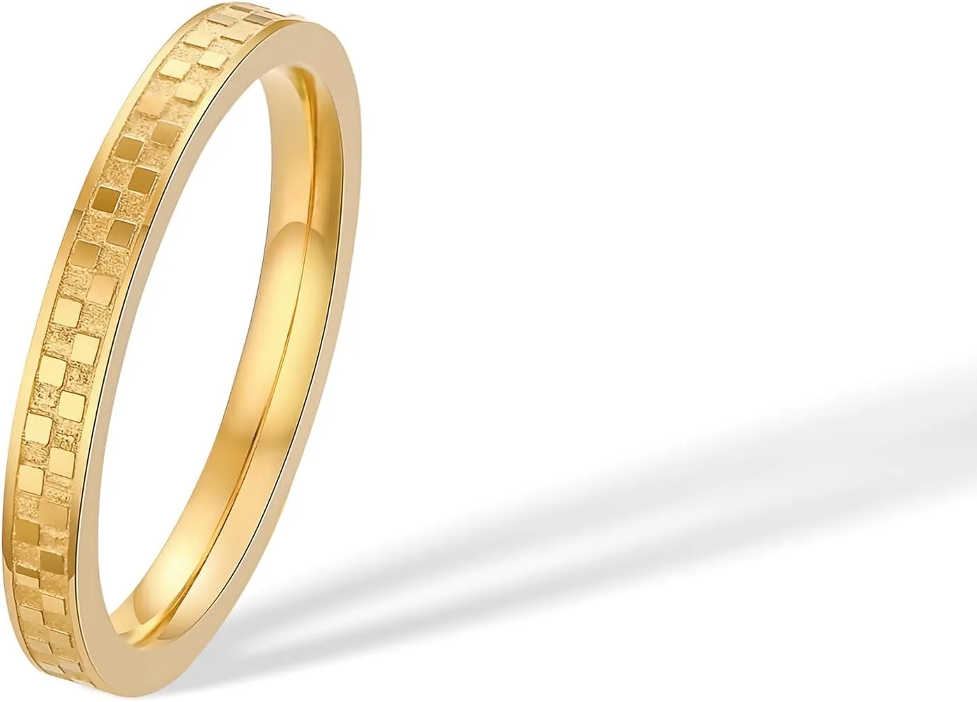 2mm Checkered Ring 14K Gold Plated Titanium Stackable Checkerboard Rings for Women Men, Love Is A Worthy Match Statement Band