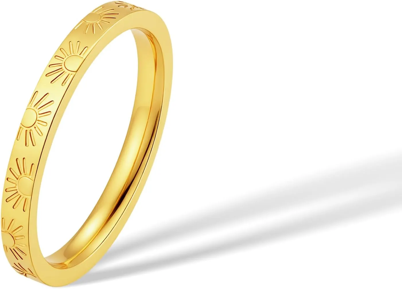 2mm Sunshine Ring for Women Men,18k Gold Plated Titanium Sun Engraved Stacking Rings, You Are My Sunshine Statement Band