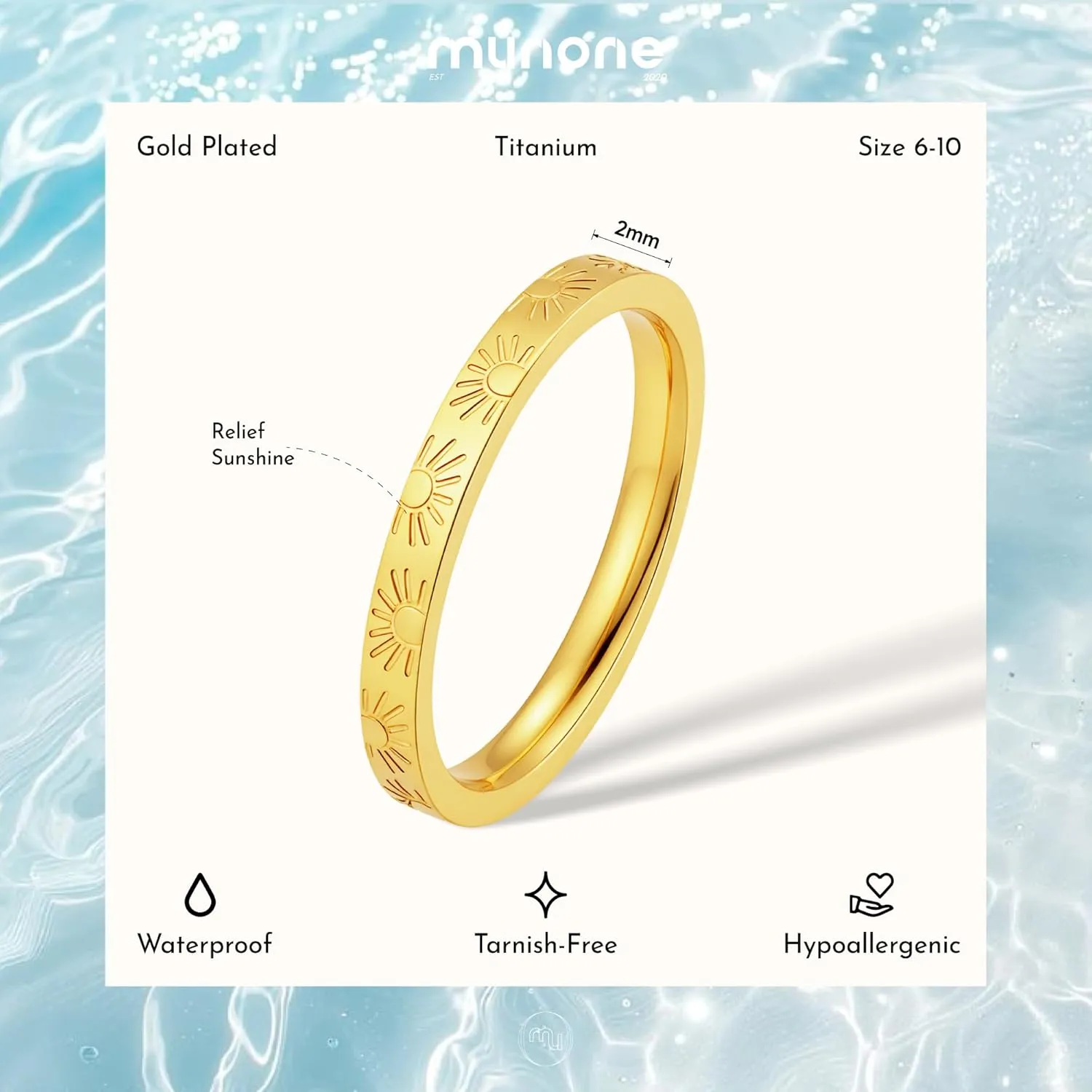 2mm Sunshine Ring for Women Men,18k Gold Plated Titanium Sun Engraved Stacking Rings, You Are My Sunshine Statement Band