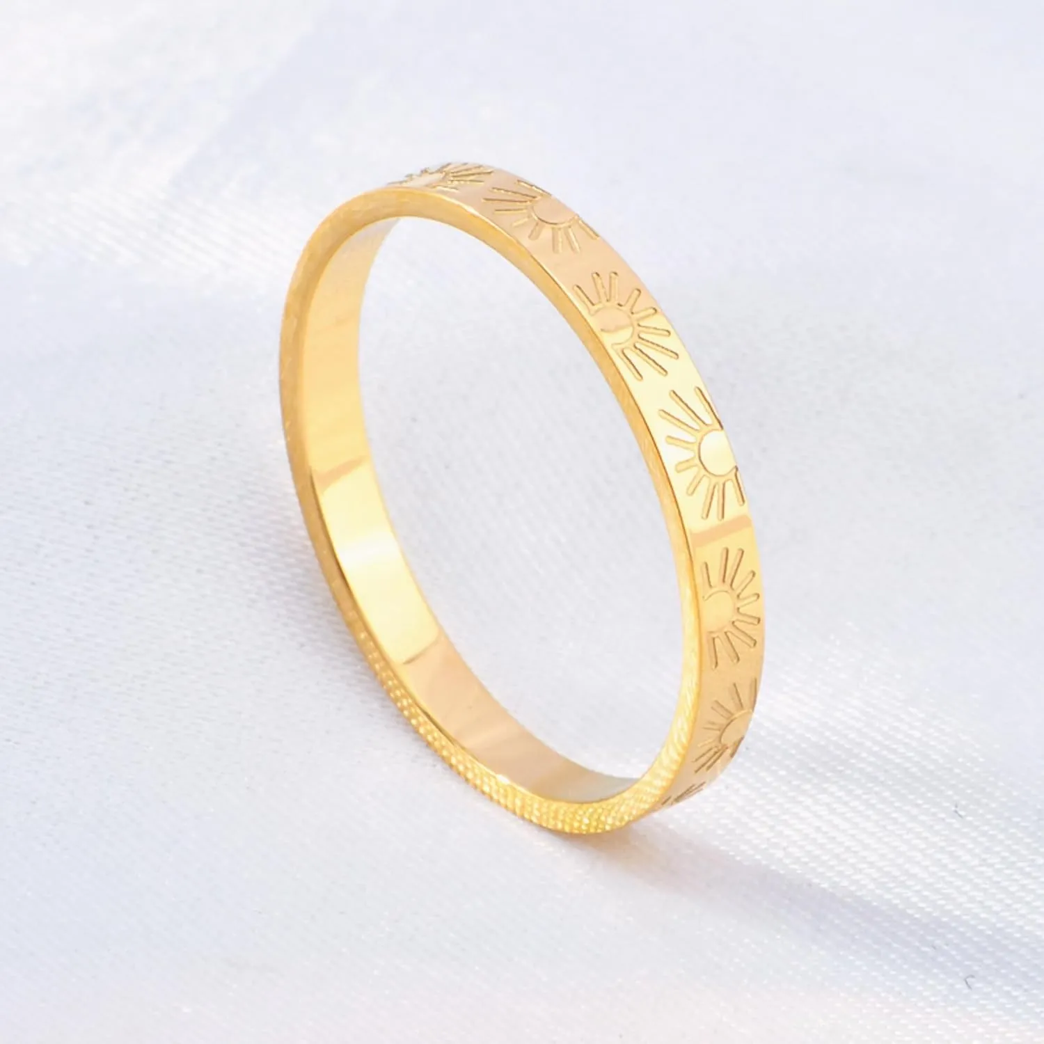2mm Sunshine Ring for Women Men,18k Gold Plated Titanium Sun Engraved Stacking Rings, You Are My Sunshine Statement Band
