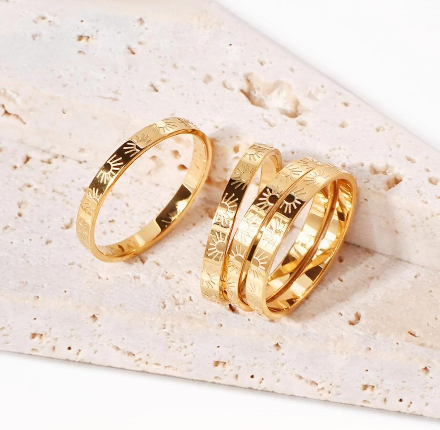 2mm Sunshine Ring for Women Men,18k Gold Plated Titanium Sun Engraved Stacking Rings, You Are My Sunshine Statement Band