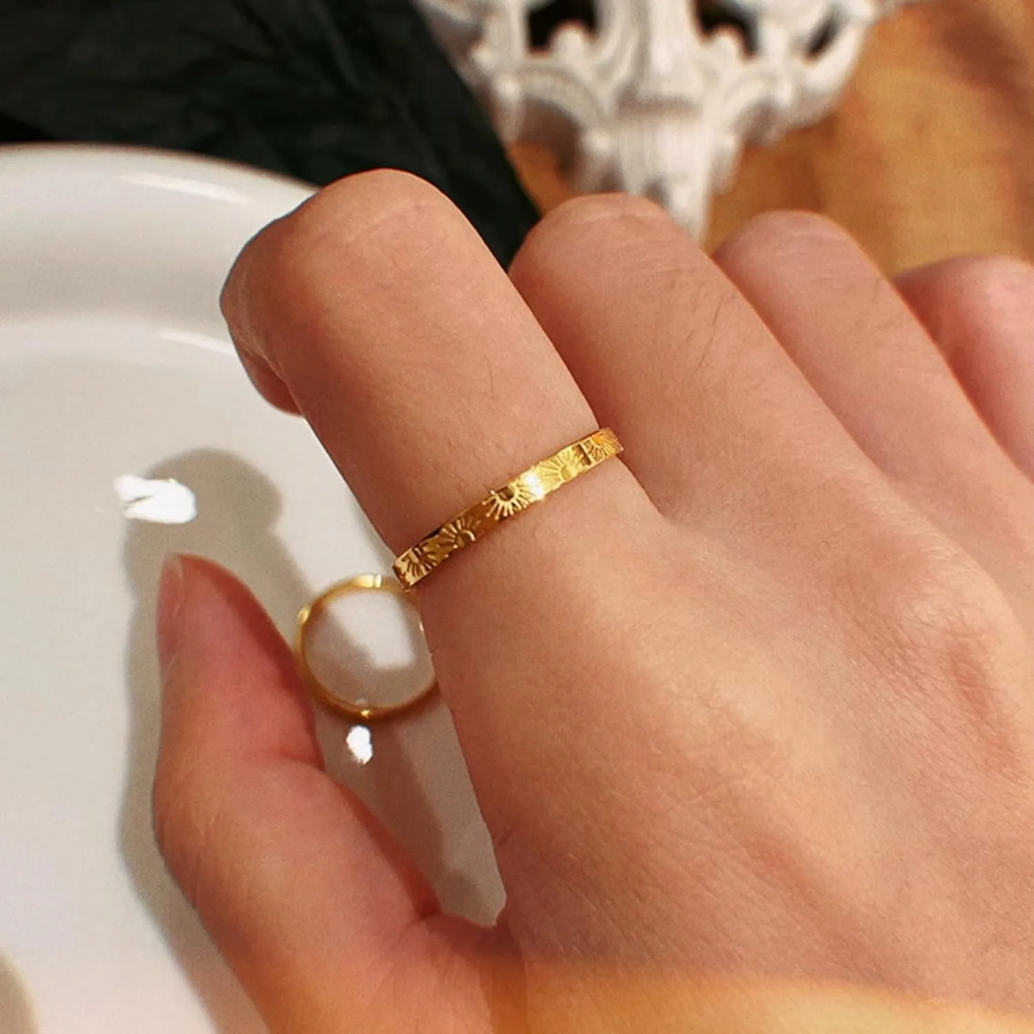 2mm Sunshine Ring for Women Men,18k Gold Plated Titanium Sun Engraved Stacking Rings, You Are My Sunshine Statement Band