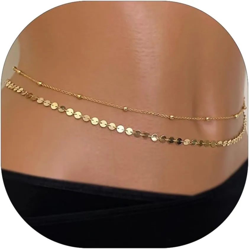2PCS Gold/Silver Plated Waist Chains Belly Body Chain Jewelry for Women Sexy Bikini Layered Belly Chain Jewelry for Women