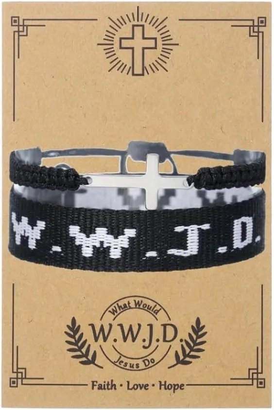 2Pcs Handmade Adjustable WWJD Bracelet for Women Men Christian Gifts Wristbands What Would Jesus Do Bracelets With Message Card Easter Christmas Gifts