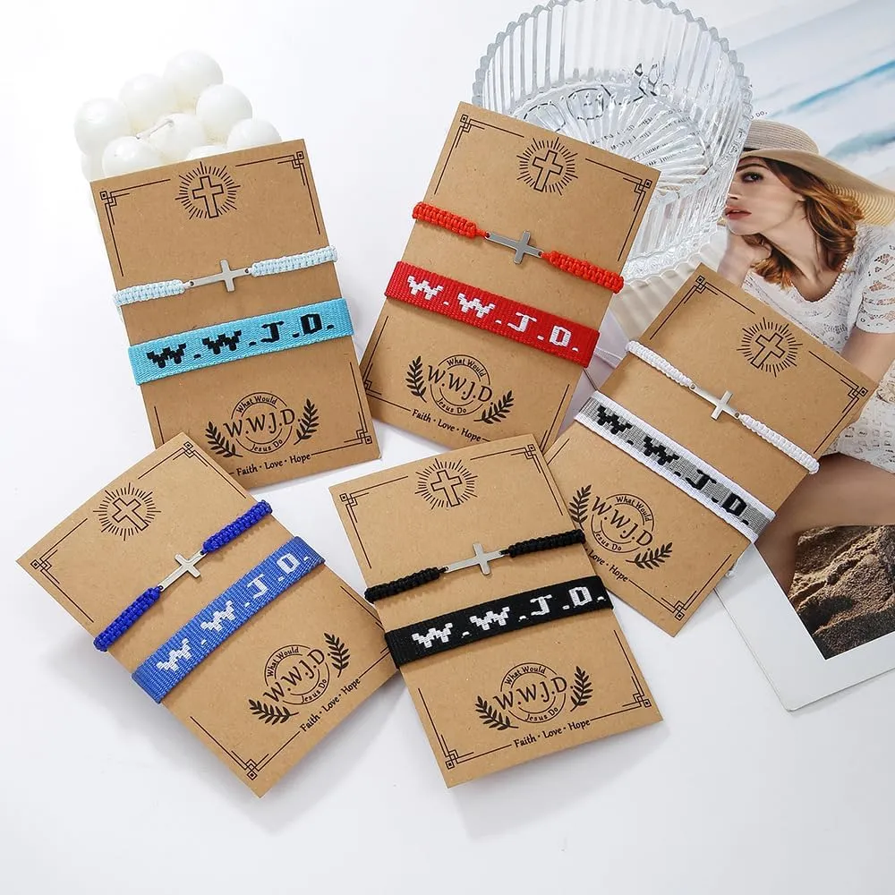 2Pcs Handmade Adjustable WWJD Bracelet for Women Men Christian Gifts Wristbands What Would Jesus Do Bracelets With Message Card Easter Christmas Gifts