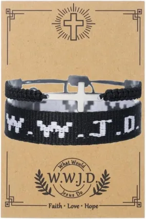 2Pcs Handmade Adjustable WWJD Bracelet for Women Men Christian Gifts Wristbands What Would Jesus Do Bracelets With Message Card Easter Christmas Gifts