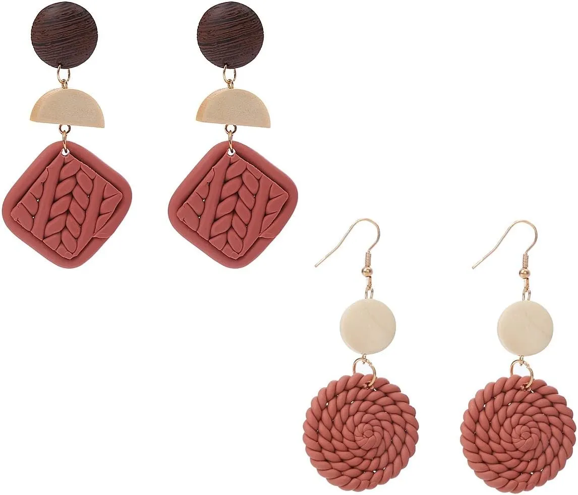 2pcs Polymer Clay Rattan Flower Stud Earring for Women Handmade Woven Statement Boho Lightweight Wicker Straw Drop Dangle Earrings Jewelry Gifts