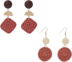 2pcs Polymer Clay Rattan Flower Stud Earring for Women Handmade Woven Statement Boho Lightweight Wicker Straw Drop Dangle Earrings Jewelry Gifts