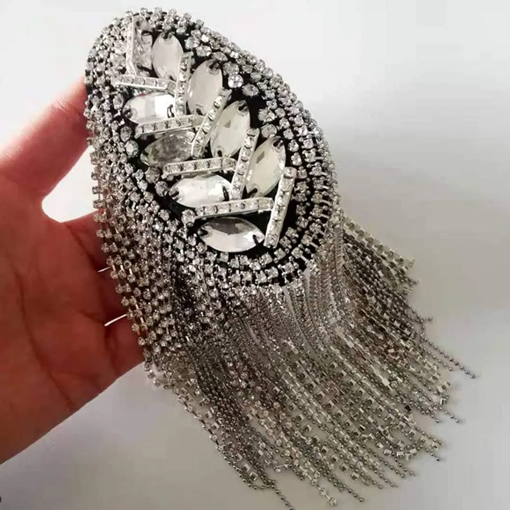 2pcs Rhinestone Tassel Shoulder Epaulet Spike Chain Shoulder Badge Brooch Pins for Man Woman