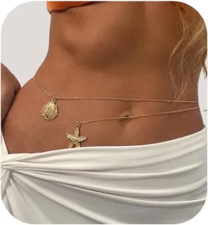 2Pcs Shell Starfish Pendant Waist Chain Bikini Metal Link Belly Chains Summer Beach Starfish Body Chain Layered Waist Body Jewelry for Women