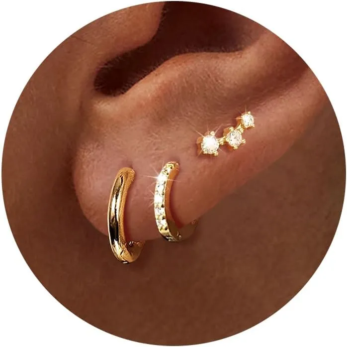 3 Pairs Gold Hoop Earrings Set: Dainty Stud Earrings Trendy Small 14K Gold Plated Hypoallergenic Dangle Cartilage Huggie Hoop Earrings for Women Gold Jewelry for Women Gifts