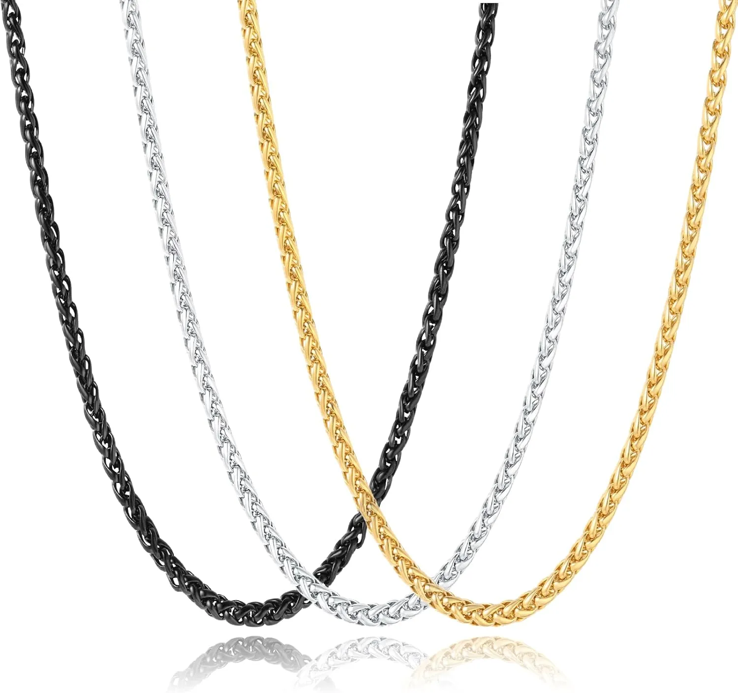 3 Pcs Men Women Chain Necklace, 4mm Stainless Steel Gold Black and Silver Wheat Chains, 18"/22"/26"/30 Inches