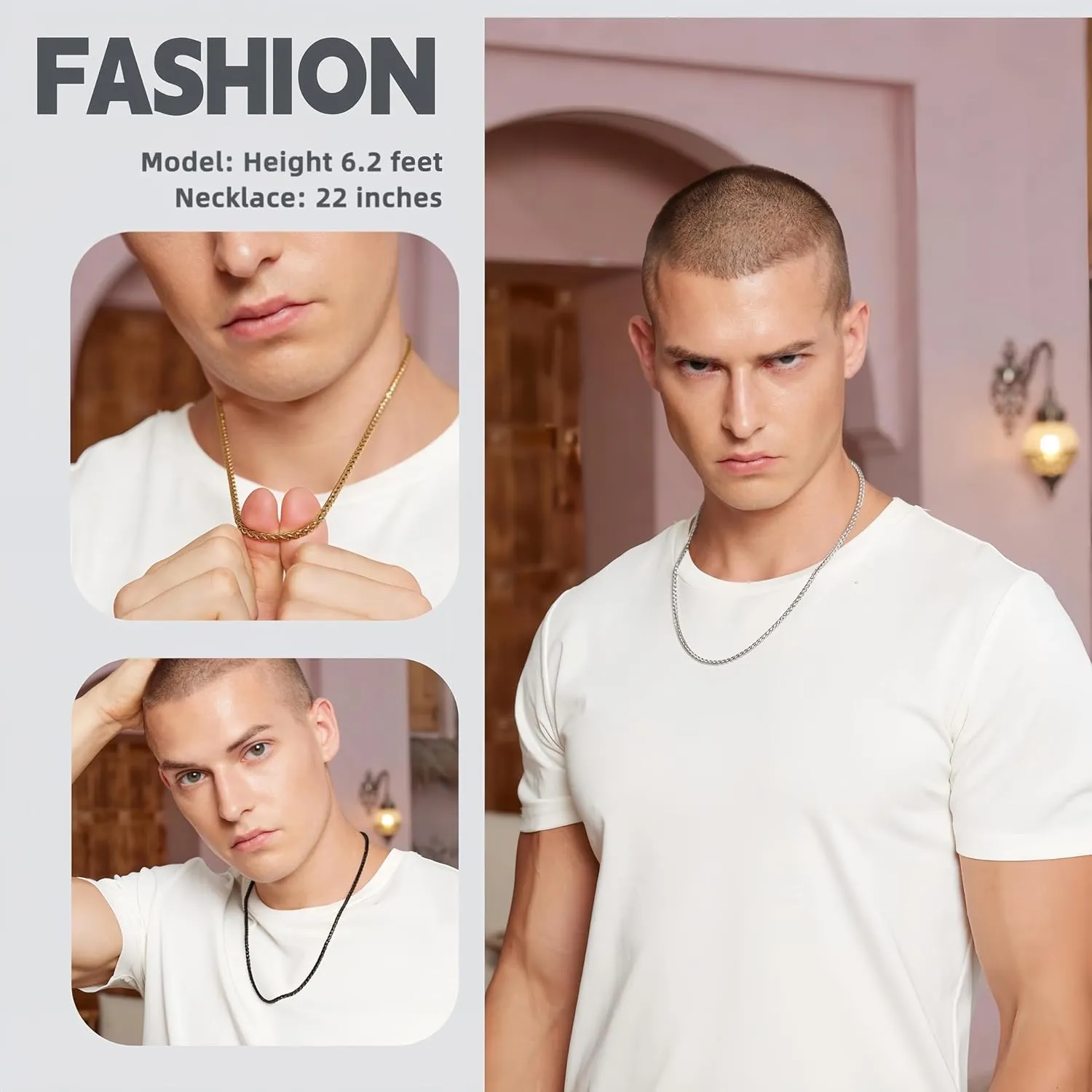 3 Pcs Men Women Chain Necklace, 4mm Stainless Steel Gold Black and Silver Wheat Chains, 18"/22"/26"/30 Inches