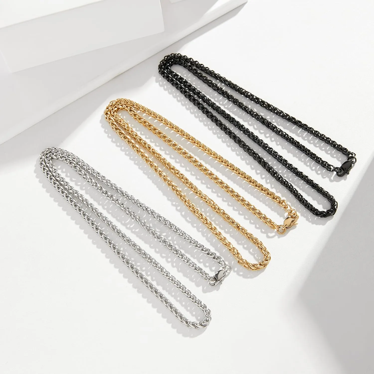 3 Pcs Men Women Chain Necklace, 4mm Stainless Steel Gold Black and Silver Wheat Chains, 18"/22"/26"/30 Inches