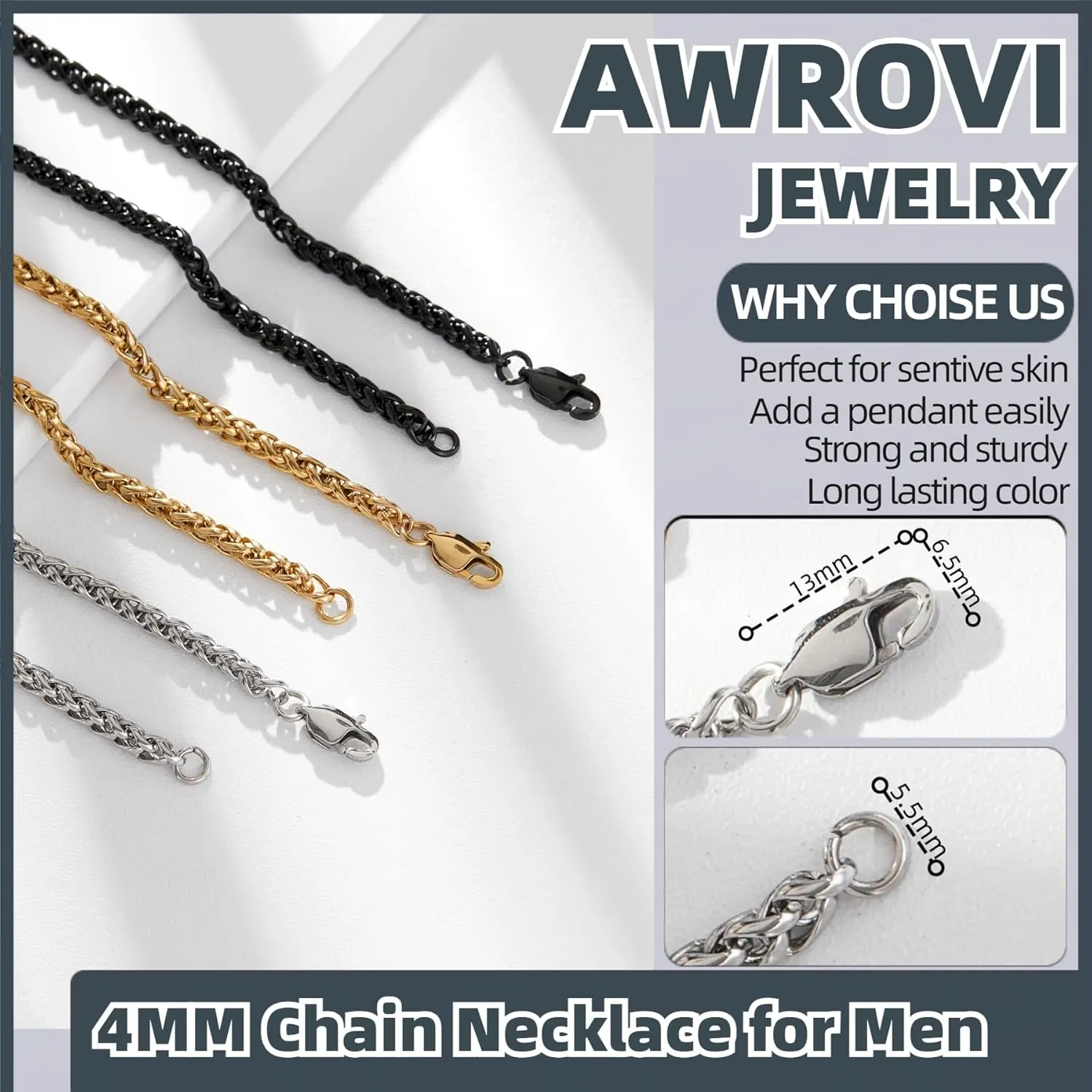 3 Pcs Men Women Chain Necklace, 4mm Stainless Steel Gold Black and Silver Wheat Chains, 18"/22"/26"/30 Inches