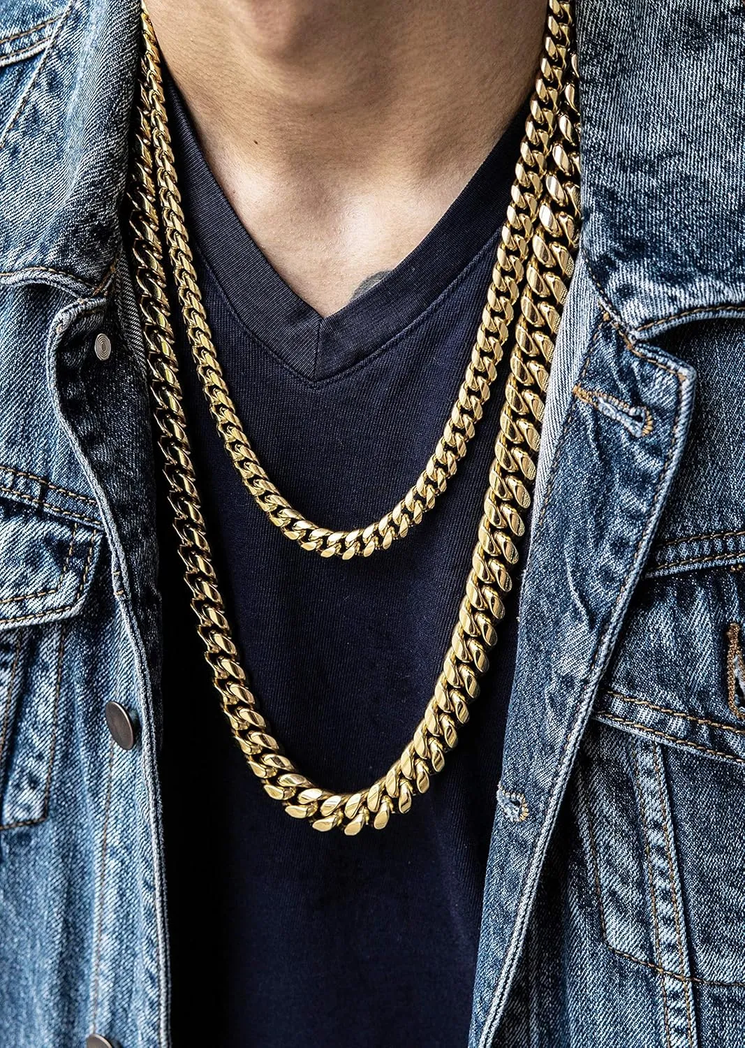 316L Stainless Steel Miami Cuban Link Chain 14K or White REAL Gold Plated Hip Hop Necklace or Bracelet 8mm-18mm for Men Women(Custom Box and Pouch Packing, Christmas Gift)