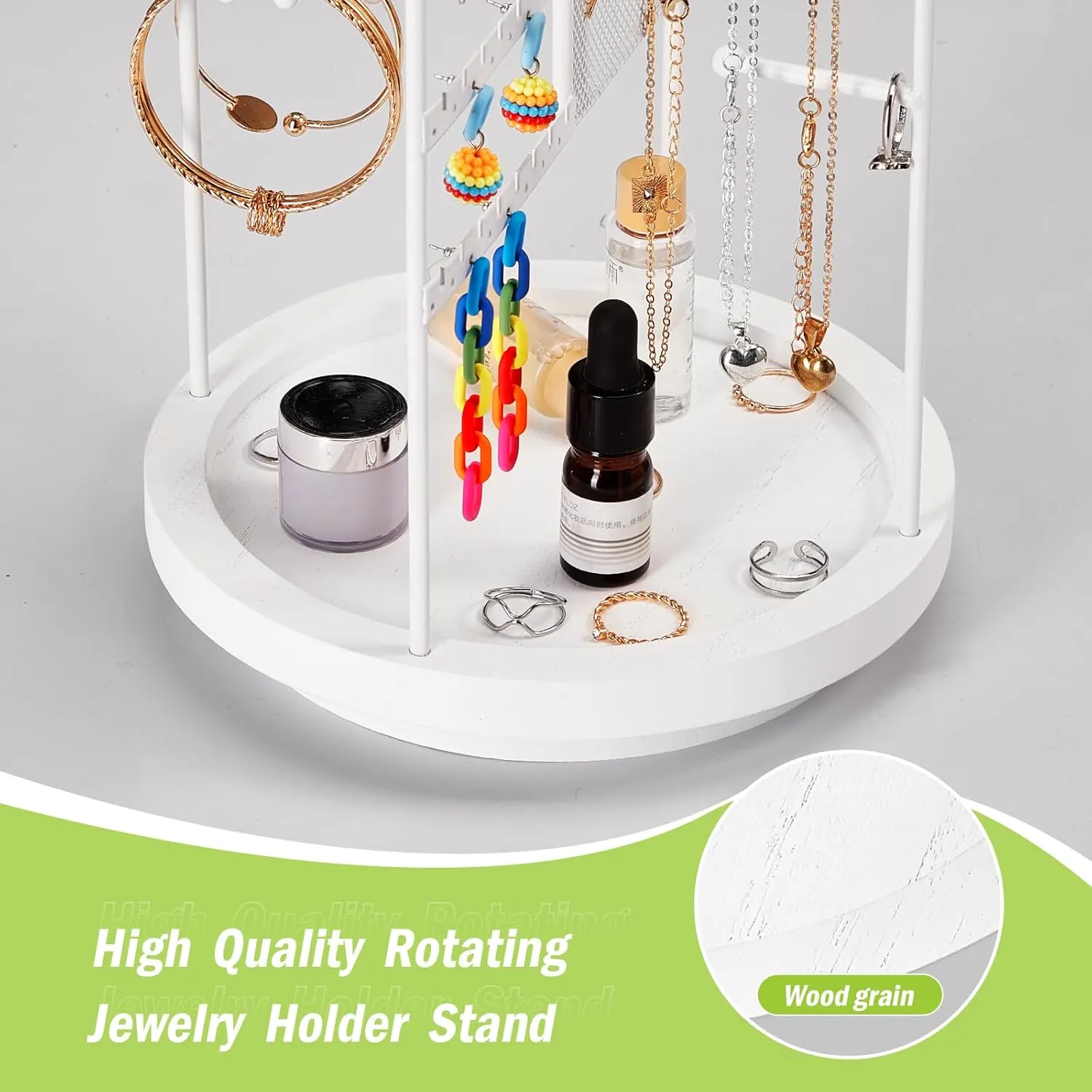 360 Rotating Jewelry Organizer Stand, Earring Holder Organizer with Hooks and Solid Wood Base, Jewelry Organizer for Necklaces, Bracelets, Earrings, Rings, Jewelry Stand for Women Girl, White
