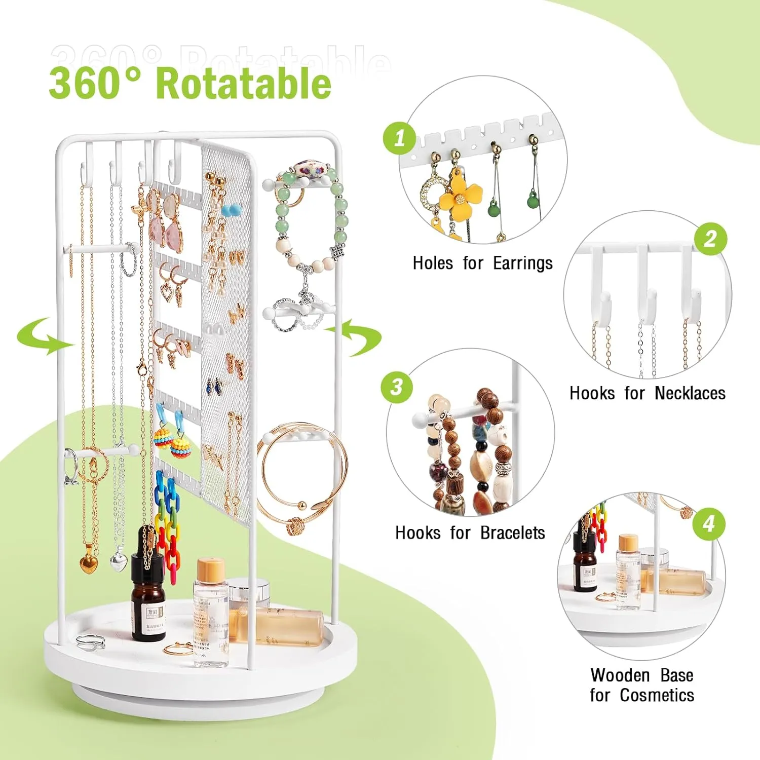360 Rotating Jewelry Organizer Stand, Earring Holder Organizer with Hooks and Solid Wood Base, Jewelry Organizer for Necklaces, Bracelets, Earrings, Rings, Jewelry Stand for Women Girl, White