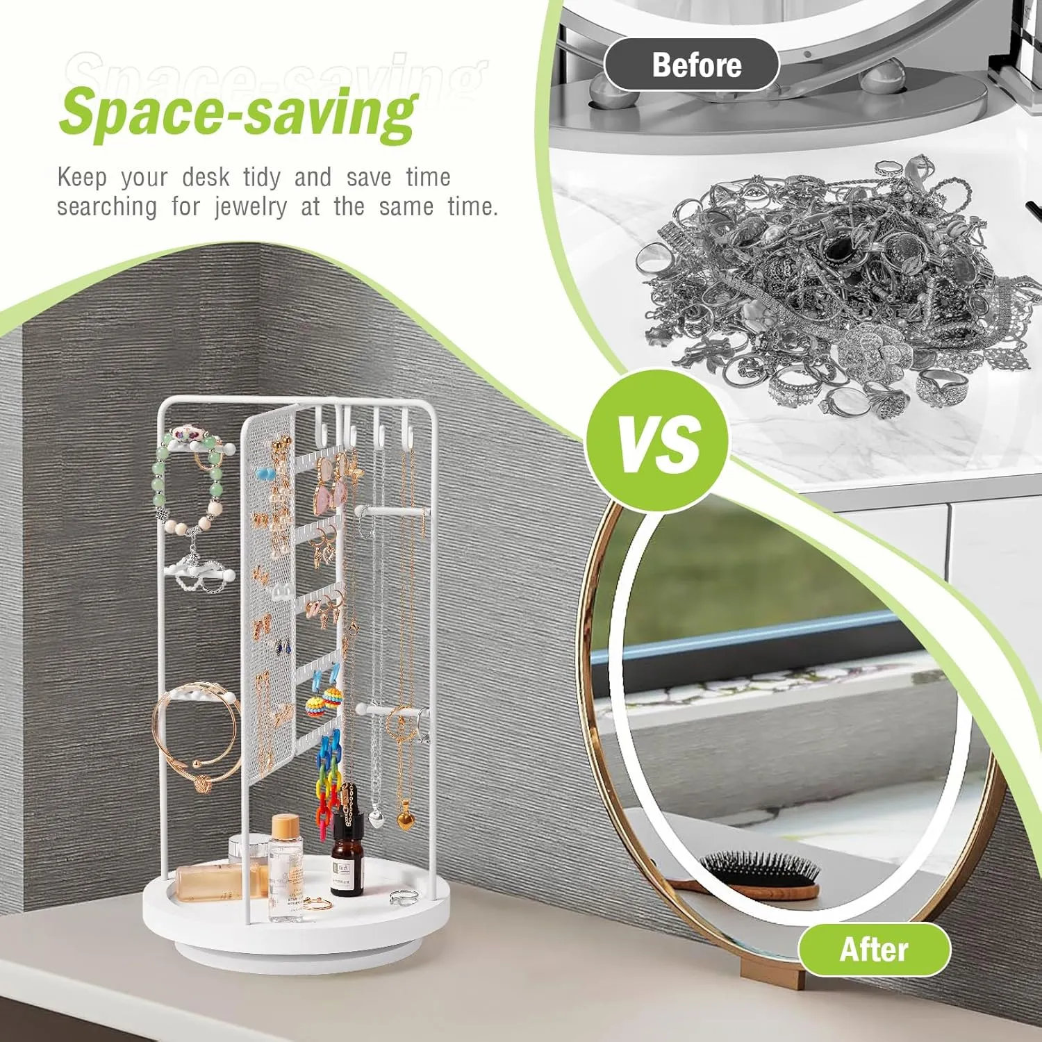 360 Rotating Jewelry Organizer Stand, Earring Holder Organizer with Hooks and Solid Wood Base, Jewelry Organizer for Necklaces, Bracelets, Earrings, Rings, Jewelry Stand for Women Girl, White