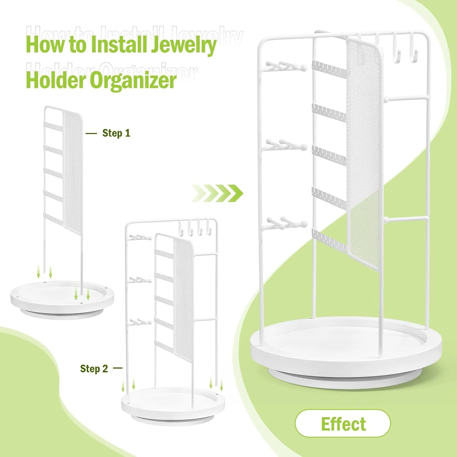 360 Rotating Jewelry Organizer Stand, Earring Holder Organizer with Hooks and Solid Wood Base, Jewelry Organizer for Necklaces, Bracelets, Earrings, Rings, Jewelry Stand for Women Girl, White