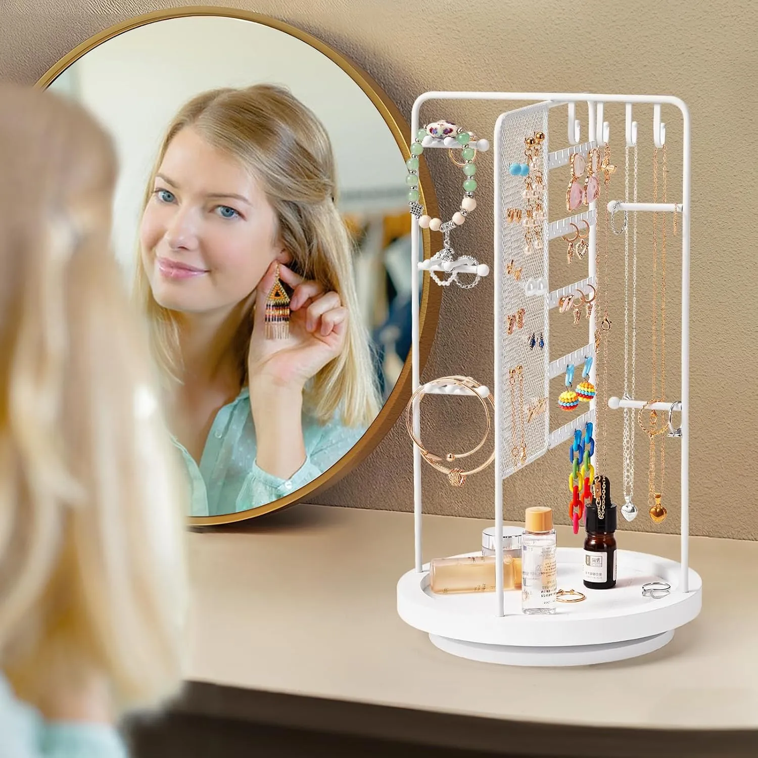 360 Rotating Jewelry Organizer Stand, Earring Holder Organizer with Hooks and Solid Wood Base, Jewelry Organizer for Necklaces, Bracelets, Earrings, Rings, Jewelry Stand for Women Girl, White