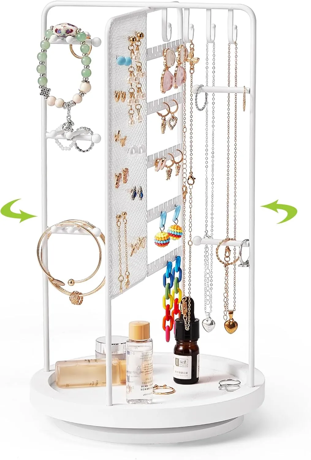 360 Rotating Jewelry Organizer Stand, Earring Holder Organizer with Hooks and Solid Wood Base, Jewelry Organizer for Necklaces, Bracelets, Earrings, Rings, Jewelry Stand for Women Girl, White