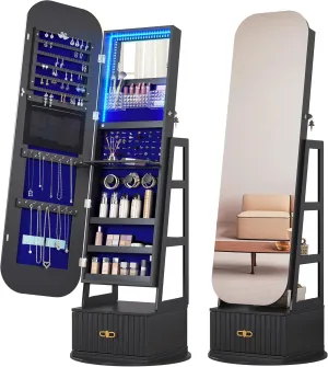 360Swivel Jewelry Organizer with Full Length Mirror with Lights,Jewelry Armoires Cabinet Standing with Drawer,Large Mirror Storage for Jewelry and Makeup(Black)