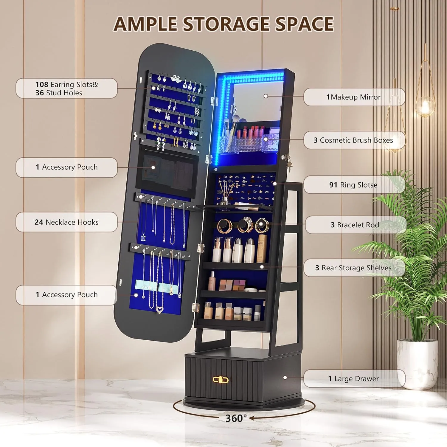 360Swivel Jewelry Organizer with Full Length Mirror with Lights,Jewelry Armoires Cabinet Standing with Drawer,Large Mirror Storage for Jewelry and Makeup(Black)