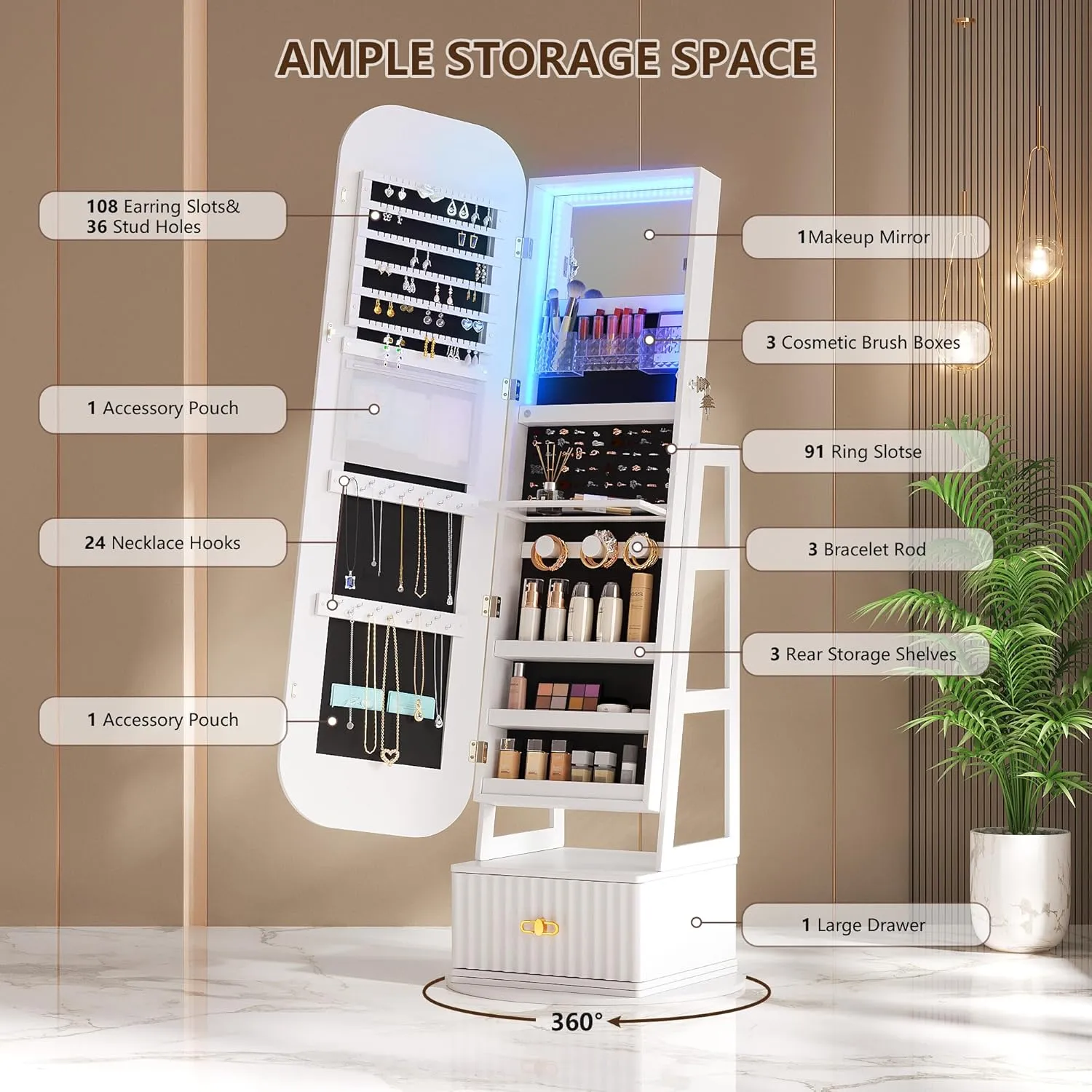 360Swivel jewelry organizer with Full Length Mirror with Lights,Jewelry Armoires Cabinet Standing with Drawer,Large Mirror Storage for Jewelry and MakeupWhite