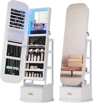 360Swivel jewelry organizer with Full Length Mirror with Lights,Jewelry Armoires Cabinet Standing with Drawer,Large Mirror Storage for Jewelry and MakeupWhite