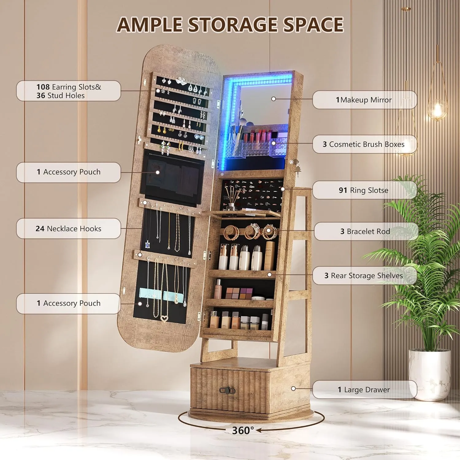 360Swivel jewelry organizer with Full Length Mirror with Lights,Jewelry Armoires Cabinet Standing with Drawer,Large Mirror Storage for Jewelry and MakeupWood