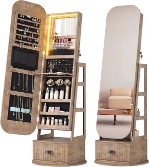 360Swivel jewelry organizer with Full Length Mirror with Lights,Jewelry Armoires Cabinet Standing with Drawer,Large Mirror Storage for Jewelry and MakeupWood