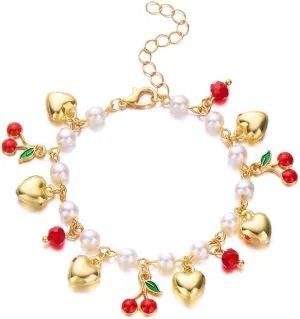 3D Strawberry Cherry Heart Pearl Beaded Bracelet for Women Cute Summer Fruit Bracelets Adjustable Love Fashion Charm Jewelry for Couple Best Friends