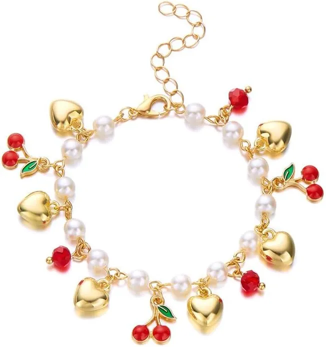 3D Strawberry Cherry Heart Pearl Beaded Bracelet for Women Cute Summer Fruit Bracelets Adjustable Love Fashion Charm Jewelry for Couple Best Friends
