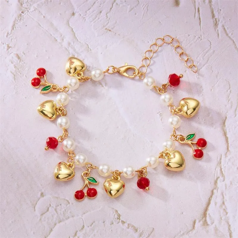 3D Strawberry Cherry Heart Pearl Beaded Bracelet for Women Cute Summer Fruit Bracelets Adjustable Love Fashion Charm Jewelry for Couple Best Friends
