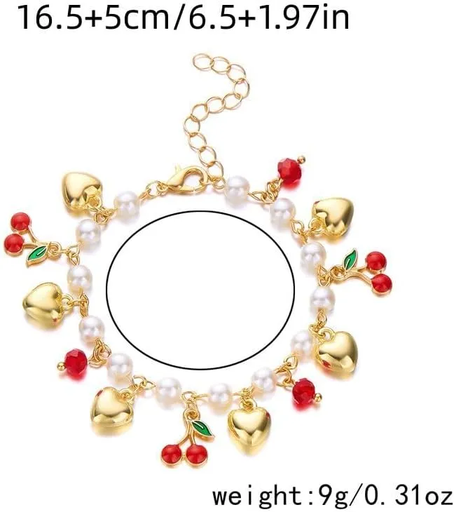 3D Strawberry Cherry Heart Pearl Beaded Bracelet for Women Cute Summer Fruit Bracelets Adjustable Love Fashion Charm Jewelry for Couple Best Friends