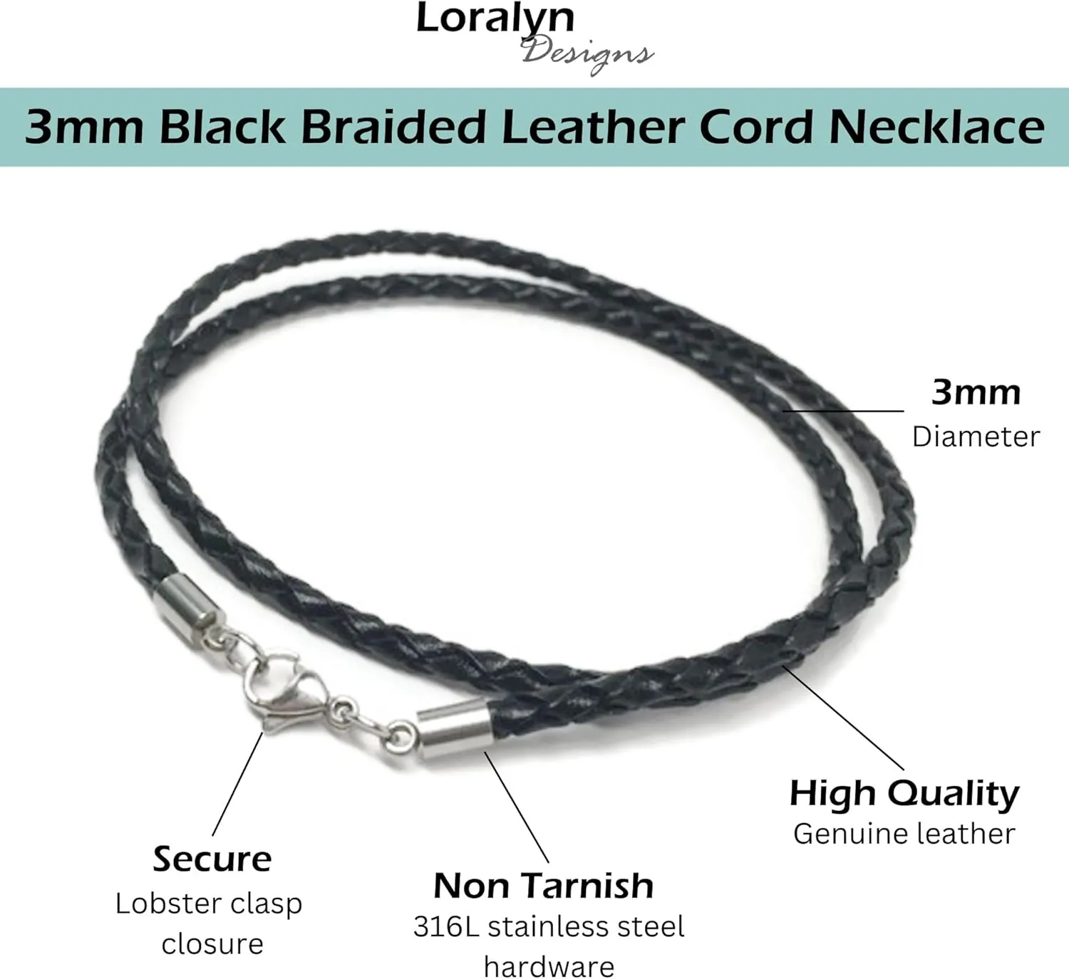 3mm Men's Black Braided Leather Necklace Cord with Stainless Steel Lobster Clasp (16-30 Inch)