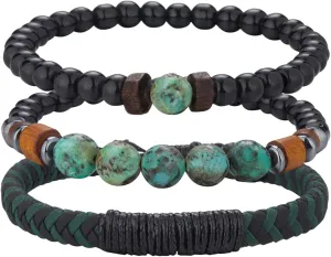 3pc Mens Beaded Bracelets Silver Stainless Steel Chain Bracelet for Men Handmade Braided Bracelet Sets Jewelry Gifts for Men