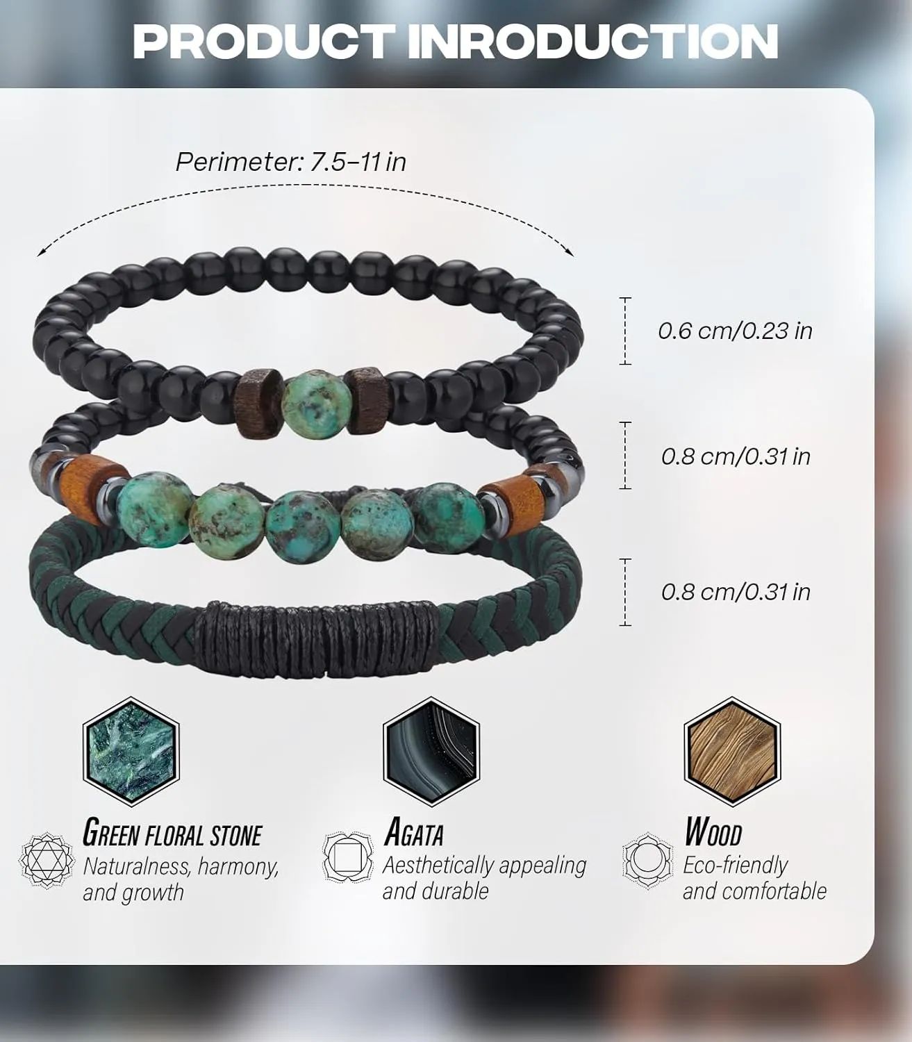 3pc Mens Beaded Bracelets Silver Stainless Steel Chain Bracelet for Men Handmade Braided Bracelet Sets Jewelry Gifts for Men
