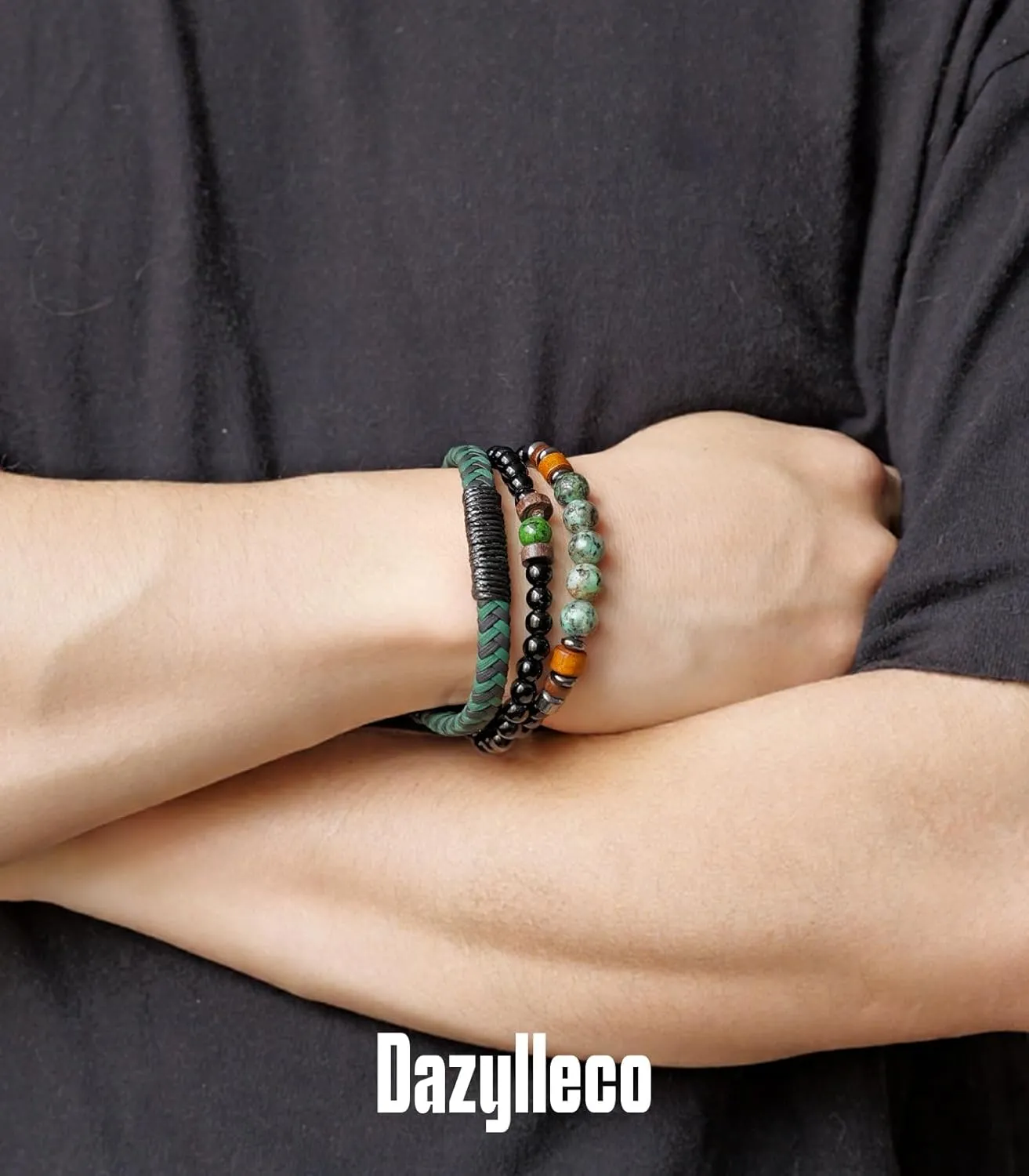 3pc Mens Beaded Bracelets Silver Stainless Steel Chain Bracelet for Men Handmade Braided Bracelet Sets Jewelry Gifts for Men