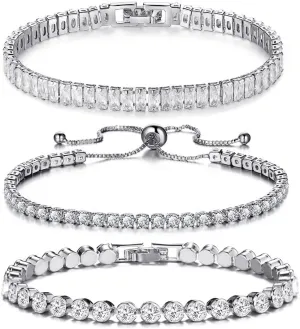 3Pcs Silver Tennis Bracelet Set Cubic Zirconia Adjustable Bracelet Silver Bracelets For Women Wedding Jewelry Gift