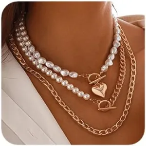 3Tier Boho Fashion Prom Shinny Gold Pearls Chunky Layered Choker Necklace Dainty Sexy Body Chain Choker Necklace Halloween Christmas Punk Love Necklace for Women