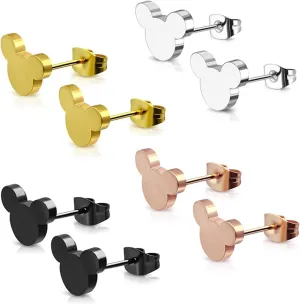 4 Pairs Stainless Steel Tiny Mouse Stud Earrings for Women hypoallergenic earring Cute Animal Mouse Silhouette Button Stud Post Earrings Birthday Gifts