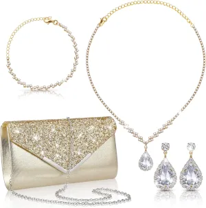 4 Pcs Women Rhinestone Jewelry Set Floral Wave Teardrop Crystal Wedding Necklace Earrings Floral Cluster Wave Bracelet Glitter Envelope Evening Bag Handbag Party Bridal Purse