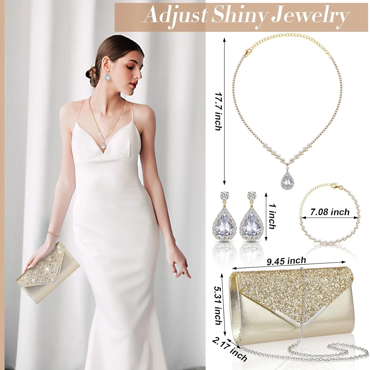 4 Pcs Women Rhinestone Jewelry Set Floral Wave Teardrop Crystal Wedding Necklace Earrings Floral Cluster Wave Bracelet Glitter Envelope Evening Bag Handbag Party Bridal Purse