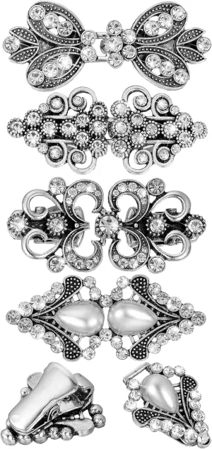 4 Pieces Silver Rhinestone Sweater Swirl Clip Cloak Cape Vintage Cardigan Shawl Collar Clasp Dress Shirt Brooch Clip