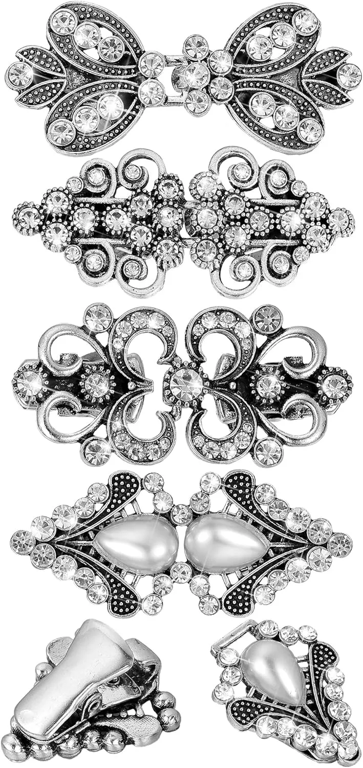 4 Pieces Silver Rhinestone Sweater Swirl Clip Cloak Cape Vintage Cardigan Shawl Collar Clasp Dress Shirt Brooch Clip